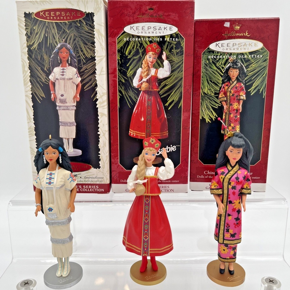 VTG Hallmark Barbie Dolls of the World Ornaments Russian Native American Chinese